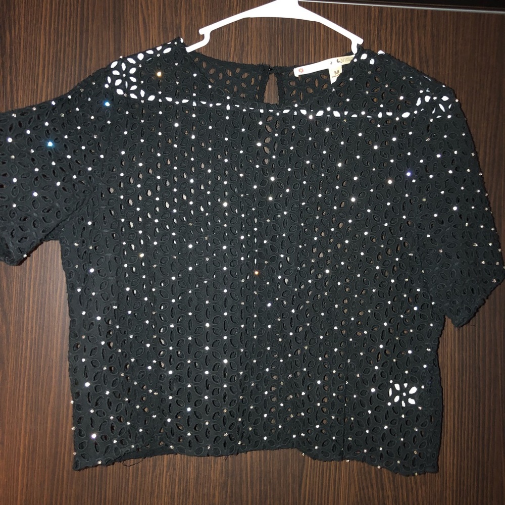 Black lace with crystals, see-through crop top